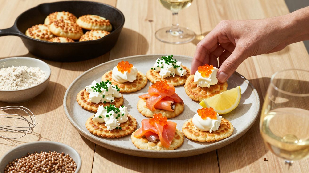 Mão pegando canapé com creme, ovas de salmão e cebolinha em prato, com taças de vinho e ingredientes ao fundo.