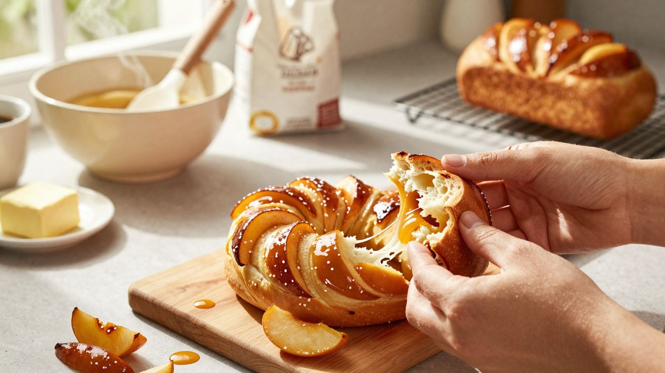 Mãos segurando pedaço de pão doce com fatias de maçã caramelizadas sobre tábua de madeira na cozinha.