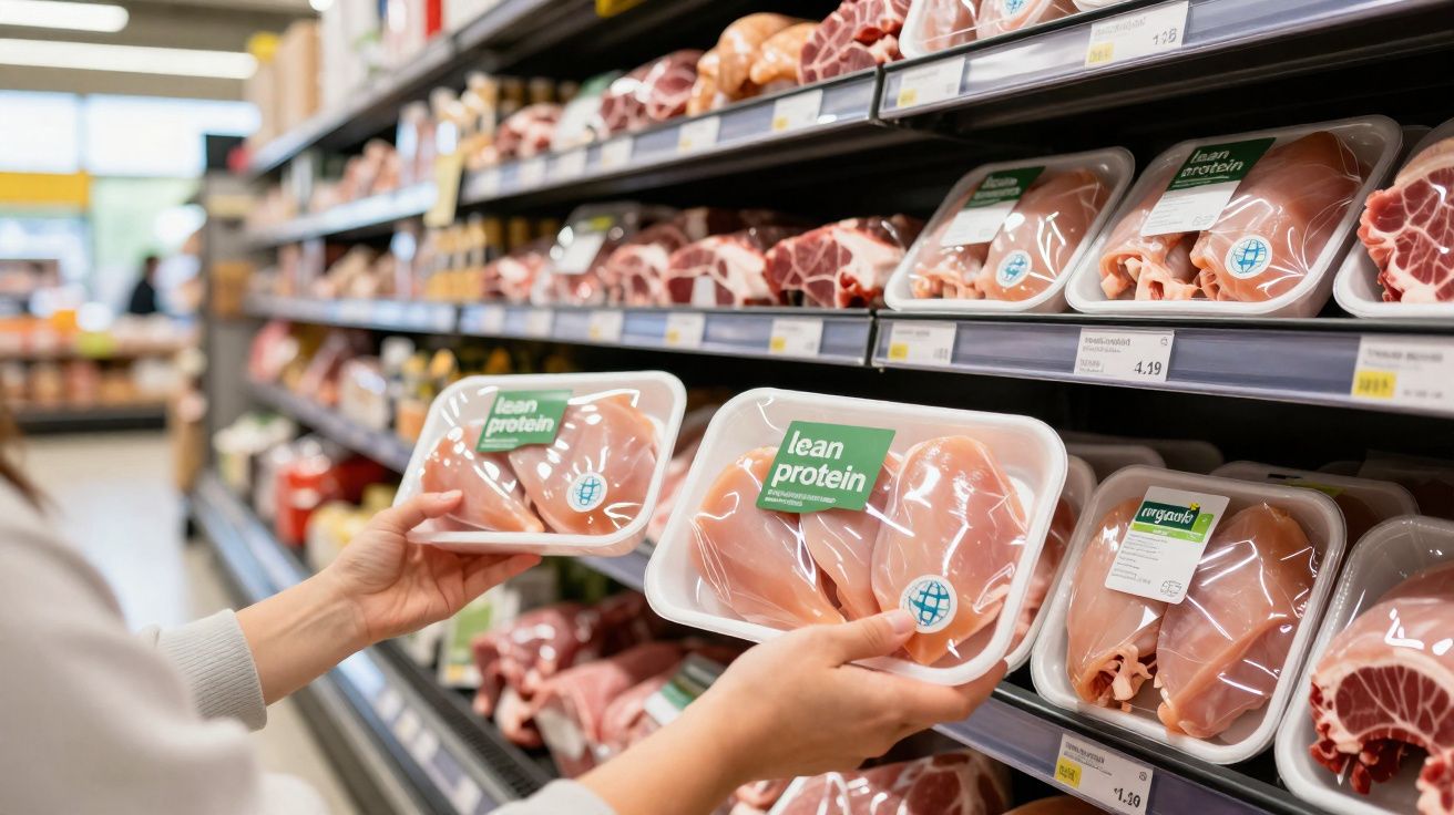 Pessoa segurando bandejas de peito de frango embalado em supermercado na seção de carnes.