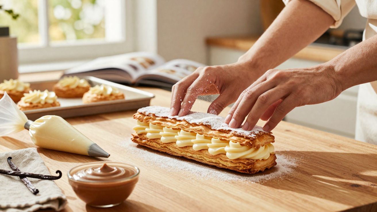 Mãos polvilhando açúcar em sobremesa recheada com creme em cozinha com utensílios e docinhos ao fundo.