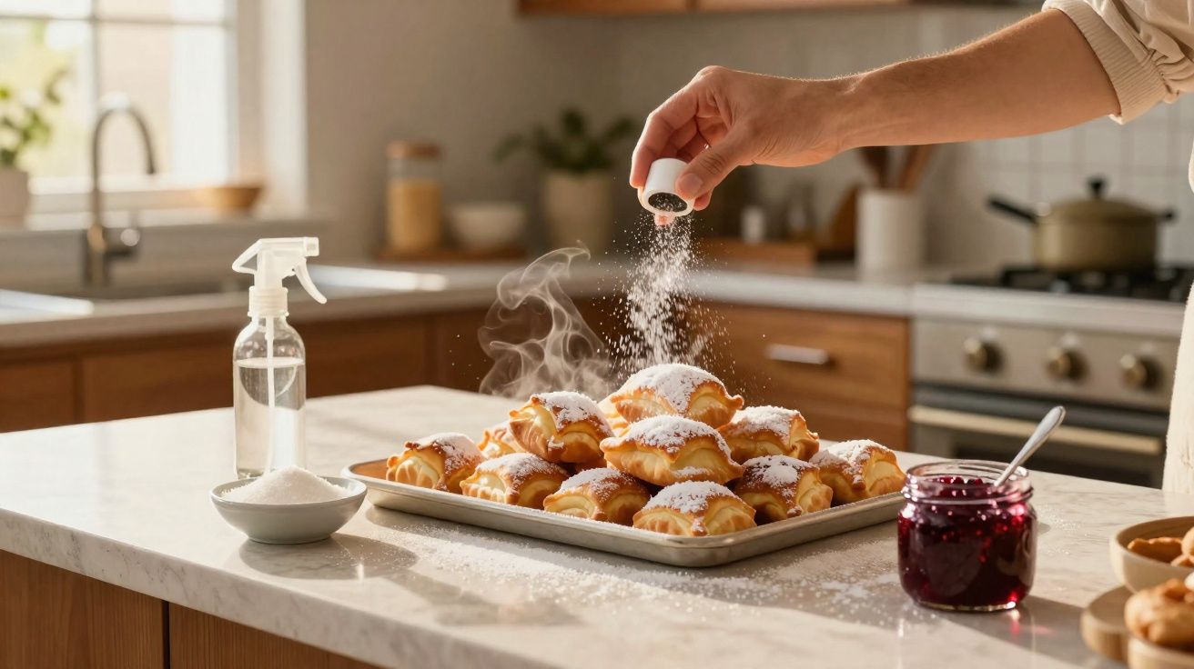 Pessoa salpicando açúcar em croissants frescos em uma cozinha iluminada e moderna.