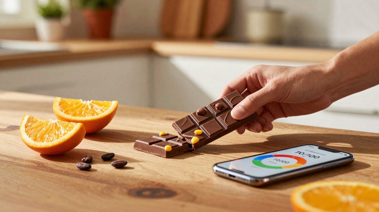 Mão segurando barra de chocolate com confeitos sobre mesa de madeira, laranjas cortadas, grãos de café e celular.