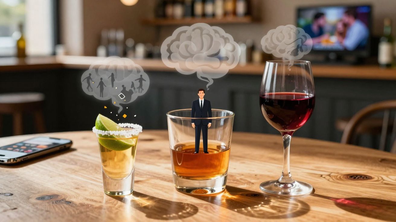 Três bebidas em uma mesa com balões de pensamento de cérebro, um homem em um copo simbolizando pensamentos e álcool.