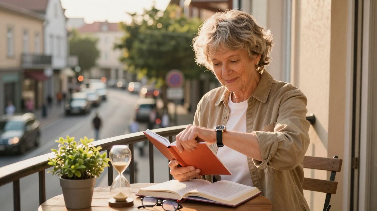 Mulher idosa lendo livro e consultando relógio em varanda com planta e ampulheta sobre mesa de madeira.