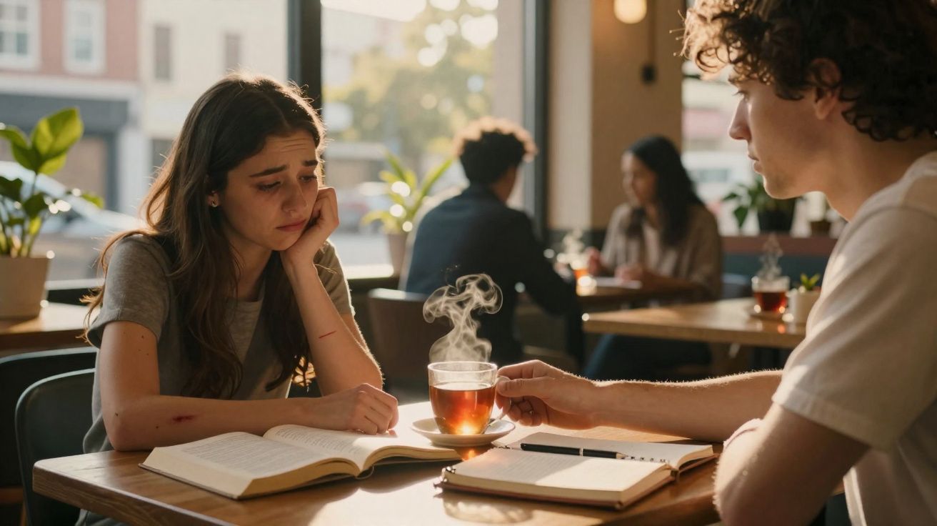 Jovem triste em café olhando para uma xícara de chá quente enquanto conversa com outra pessoa.