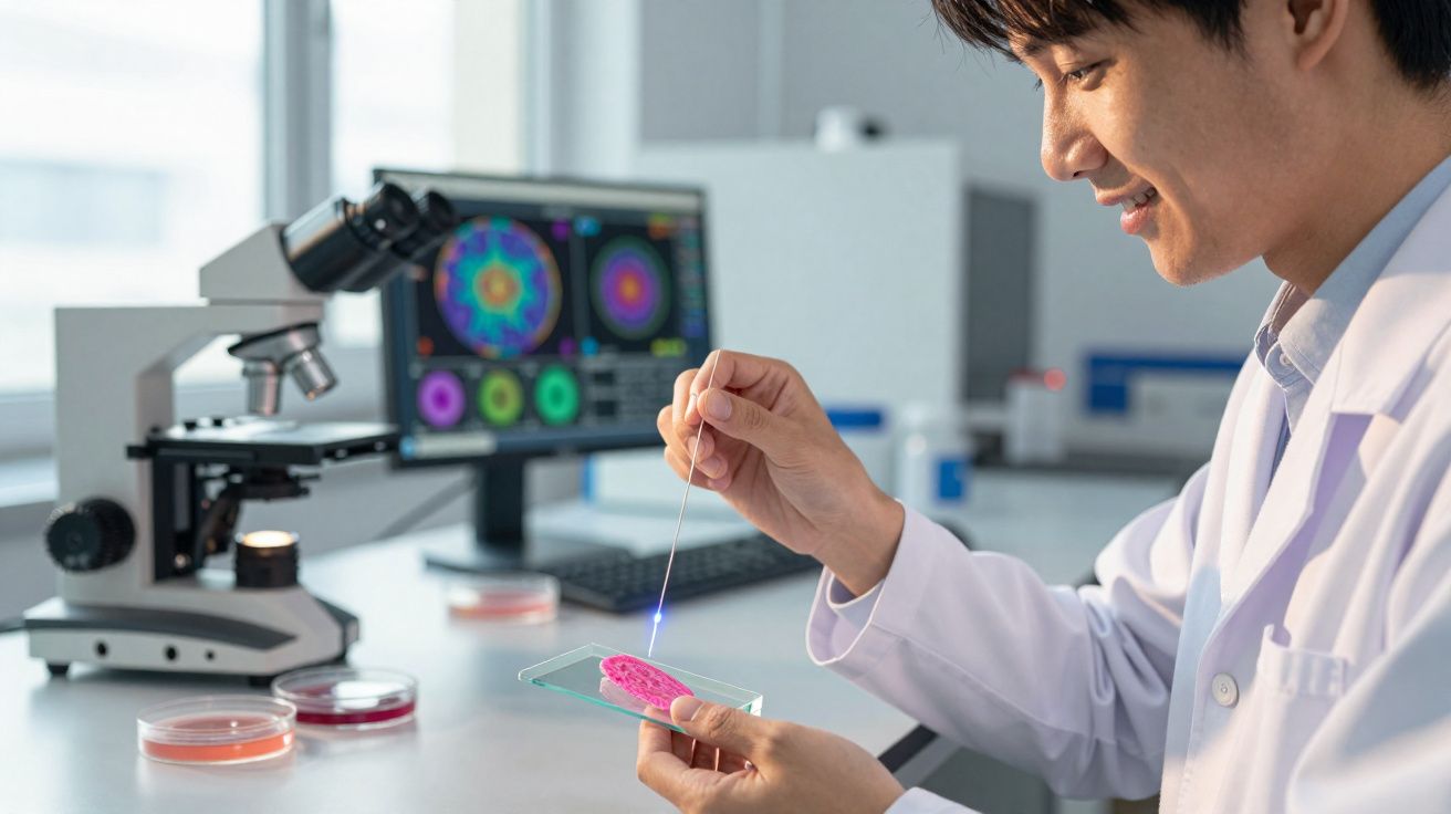 Cientista em laboratório usando equipamento óptico para examinar amostra rosa em lâmina de vidro.
