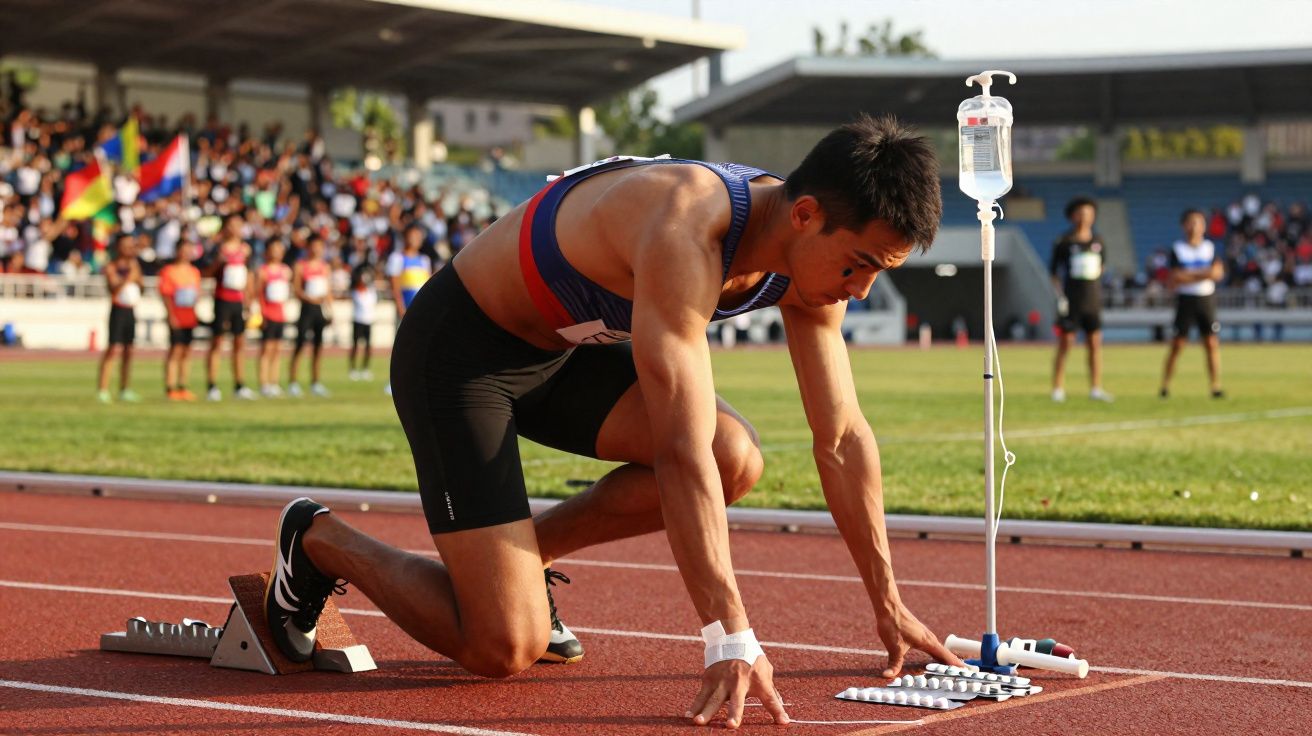 Atleta com soro intravenoso começando corrida na pista em estádio com público ao fundo.