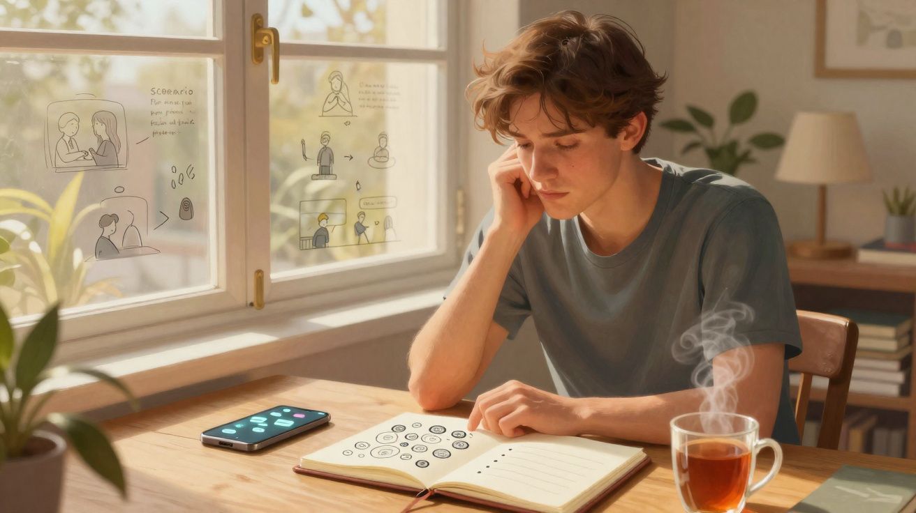 Jovem pensativo sentado à mesa lendo um caderno, com celular e xícara de chá fumegante ao lado.