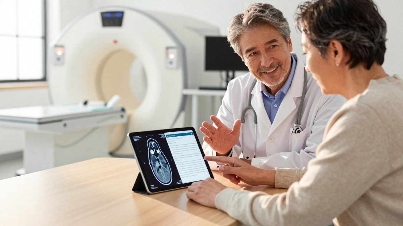 Médico informa paciente sobre exame de imagem cerebral em tablet dentro de clínica com tomógrafo ao fundo.
