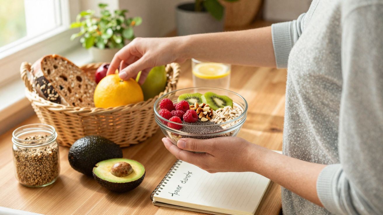 Pessoa segurando tigela com frutas, sementes e aveia ao lado de cesta com frutas e pão em mesa de madeira.