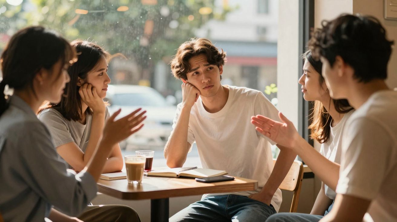 Jovens conversando em café, um rapaz ao centro parece pensativo enquanto os outros falam animadamente.