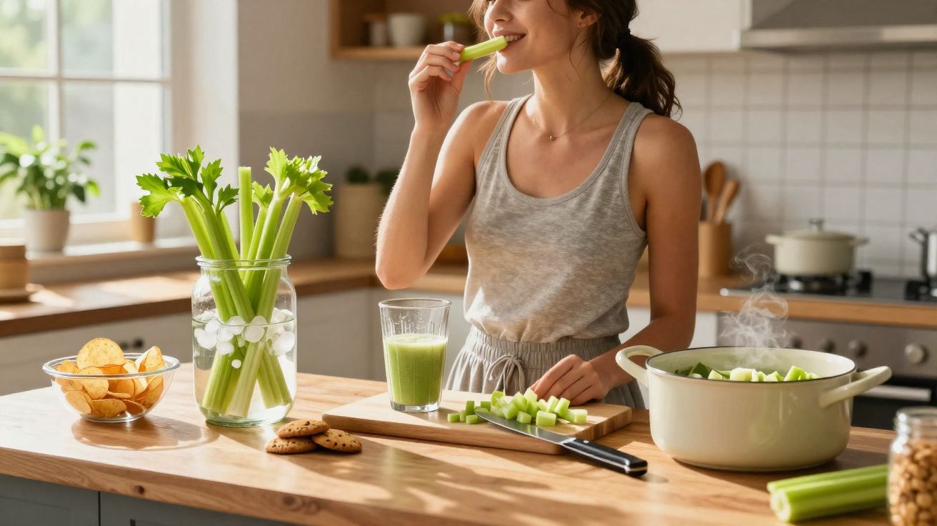 Mulher sorrindo comendo talo de aipo em cozinha, com suco verde, potes de biscoito e panela no balcão.