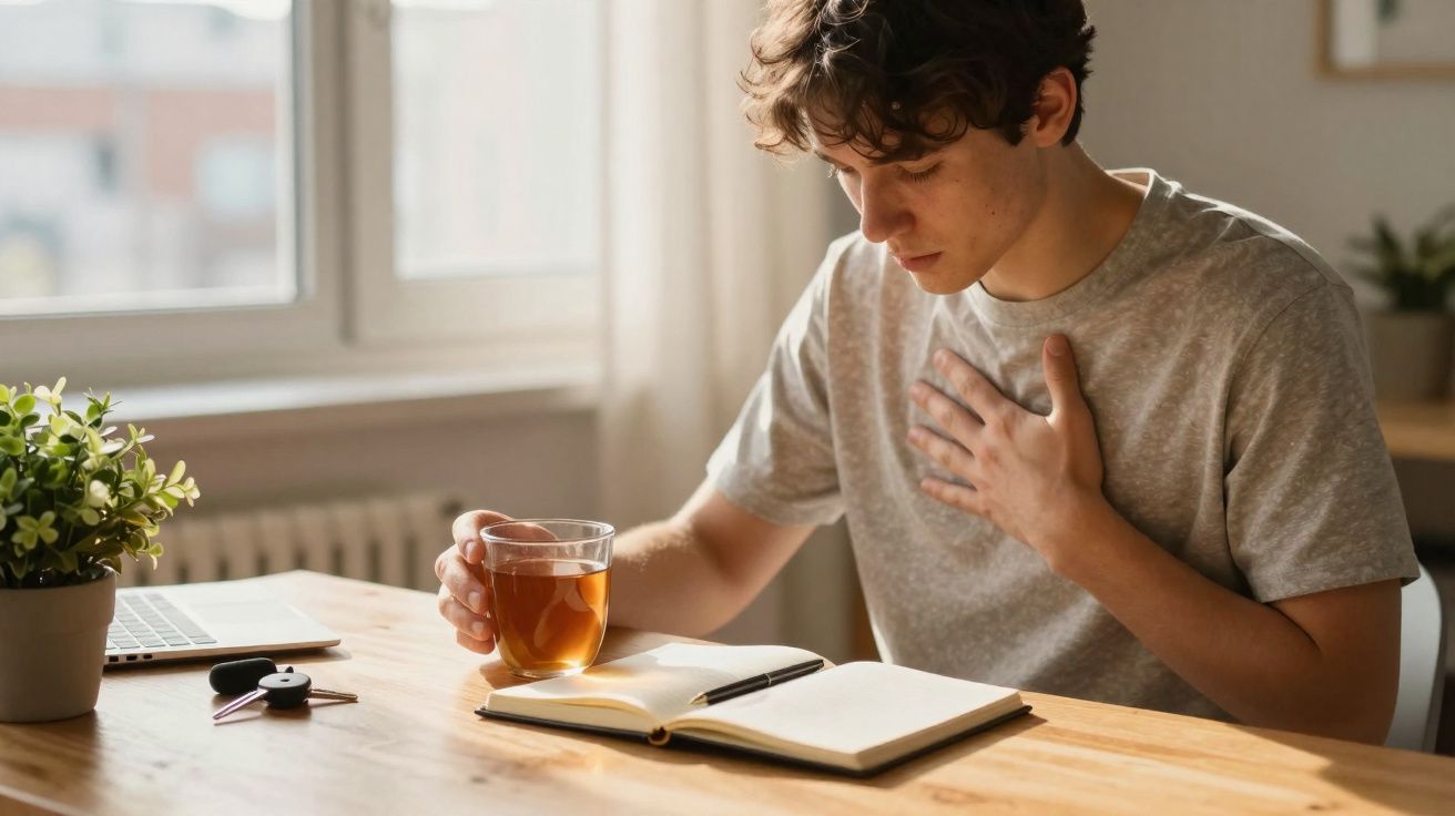 Jovem sentado à mesa com xícara de chá, livro aberto e mão no peito, aparentando desconforto.