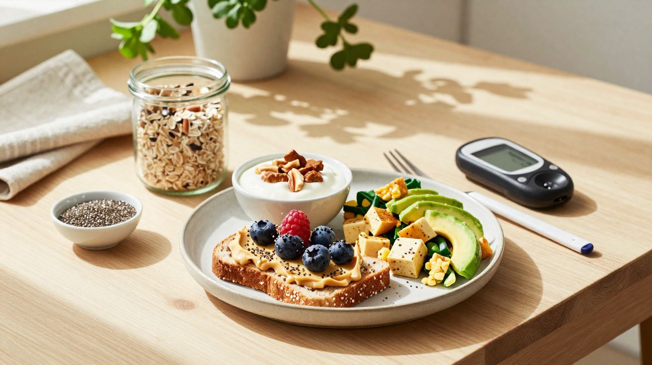 Café da manhã saudável com torrada, frutas, iogurte com nozes e abacate, medidor de glicose ao lado.
