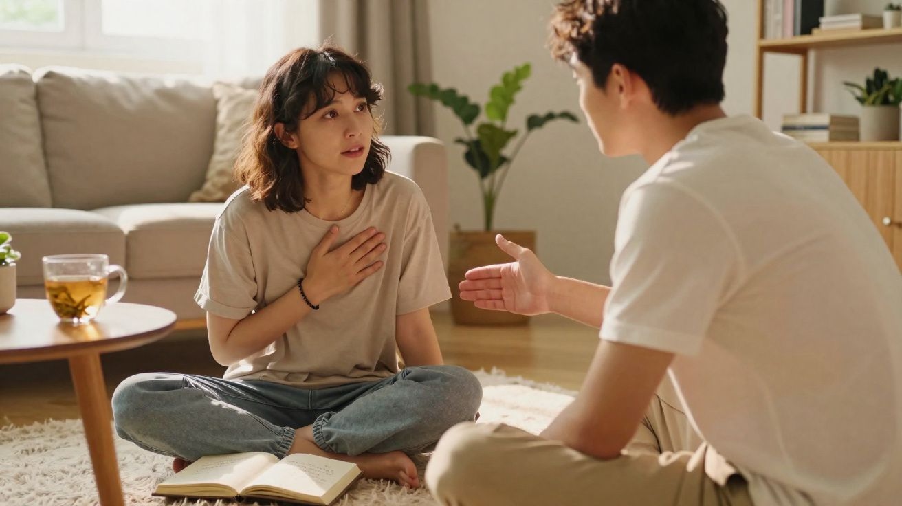 Mulher sentada no chão conversa com homem em sala de estar iluminada, com livro aberto e xícara de chá ao lado.