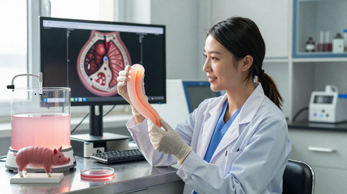 Pesquisadora em laboratório analisando tecido artificial com modelo de órgão e exame em computador ao fundo.