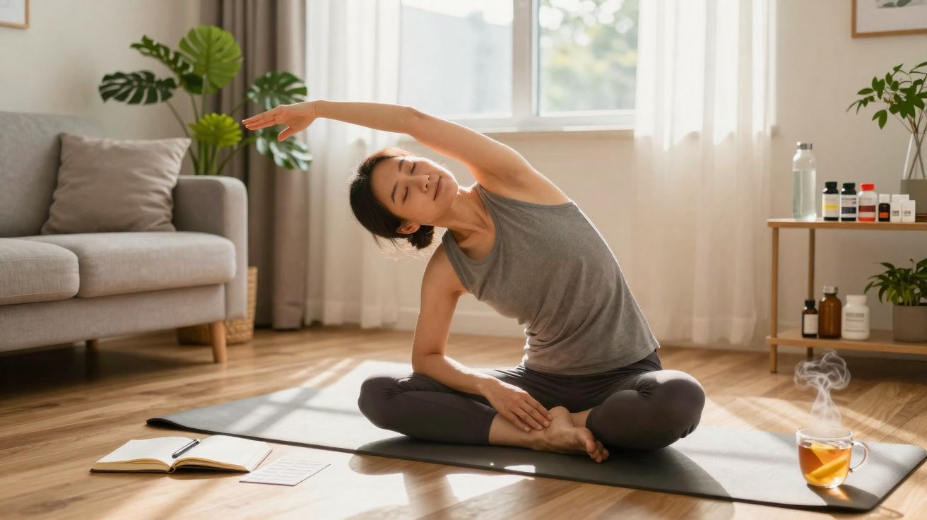 Mulher praticando yoga sentada no tapete, alongando braço esquerdo, em sala iluminada pelo sol.