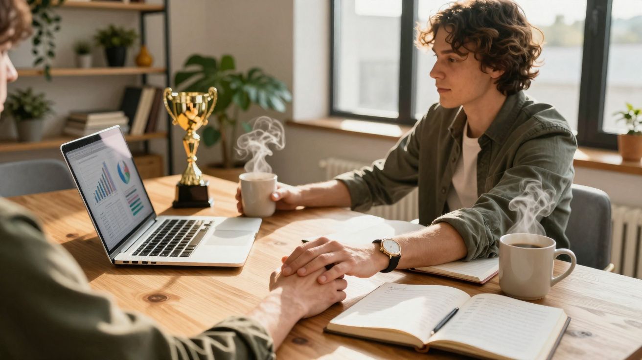 Duas pessoas de mãos dadas à mesa com notebook, caderno, troféu e xícaras de café fumegantes.