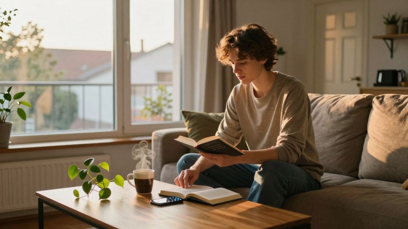 Jovem sentado no sofá lendo livro, com mesa de centro, plantas, celular e xícara de café fumegante.