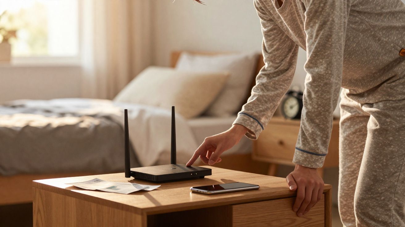 Pessoa em pijama ativando roteador Wi-Fi em quarto com cama e mesa de madeira.