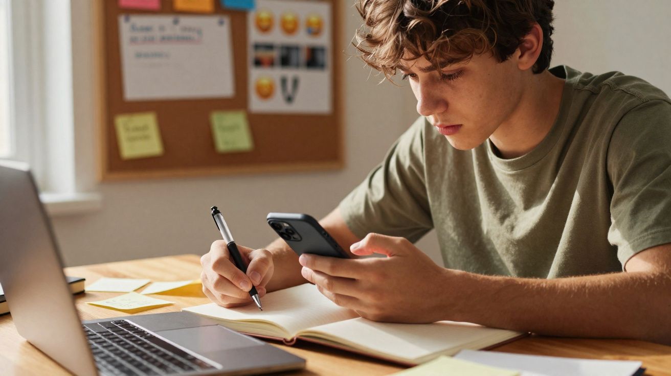 Jovem estudando usando celular, escrevendo em caderno, com laptop e quadro de avisos ao fundo.