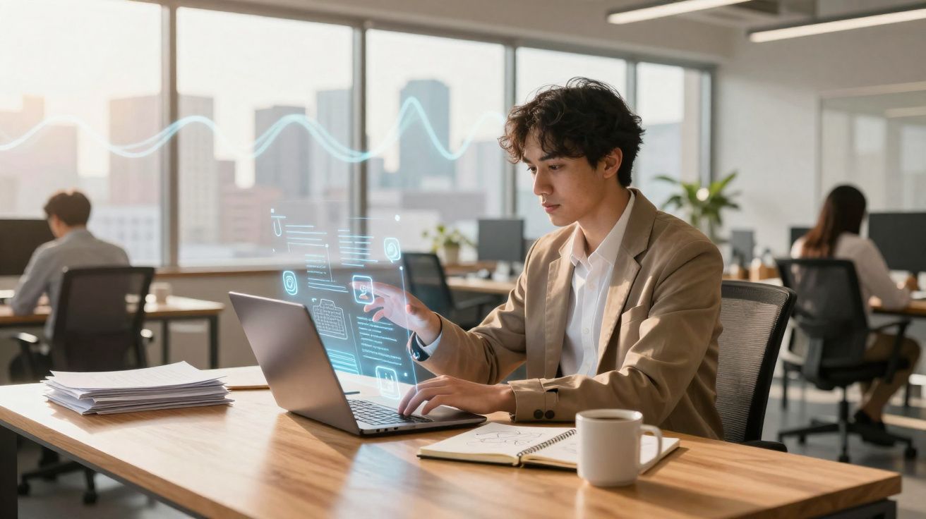 Jovem trabalhando em laptop com interface digital futurista em escritório moderno e iluminado.