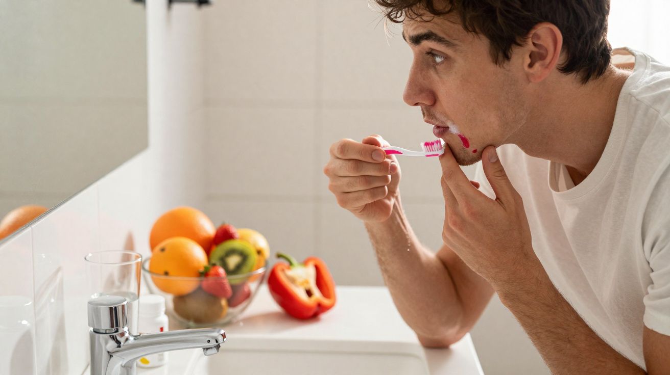 Homem usando escova de dente para limpar ferida no queixo em frente ao espelho do banheiro.