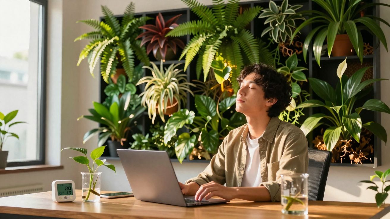 Pessoa com olhos fechados, sentada em mesa com laptop e plantas ao fundo em ambiente iluminado pelo sol.