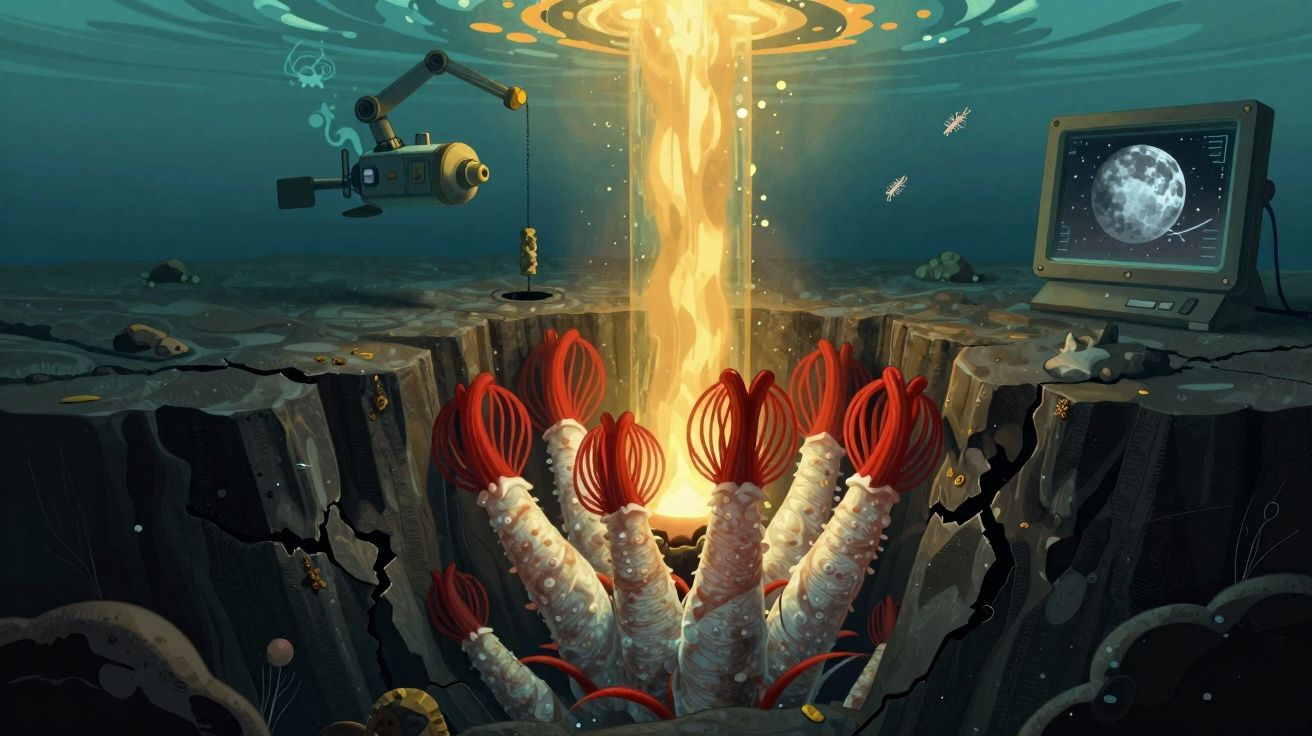 Imagem subaquática com criaturas vermelhas e brancas emergindo de uma fissura iluminada por luz dourada.