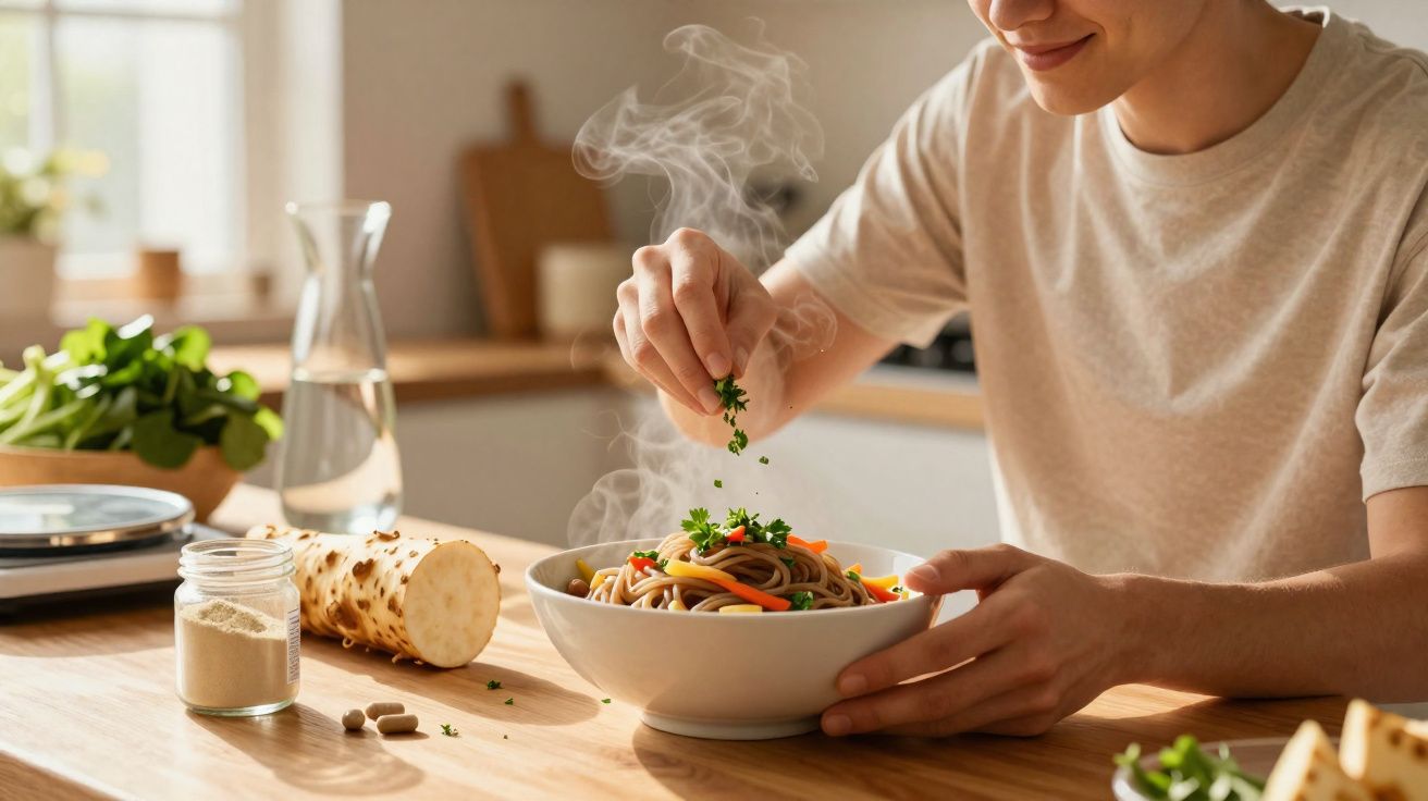 Pessoa temperando macarrão com ervas frescas em cozinha iluminada, com vapor visível saindo do prato.
