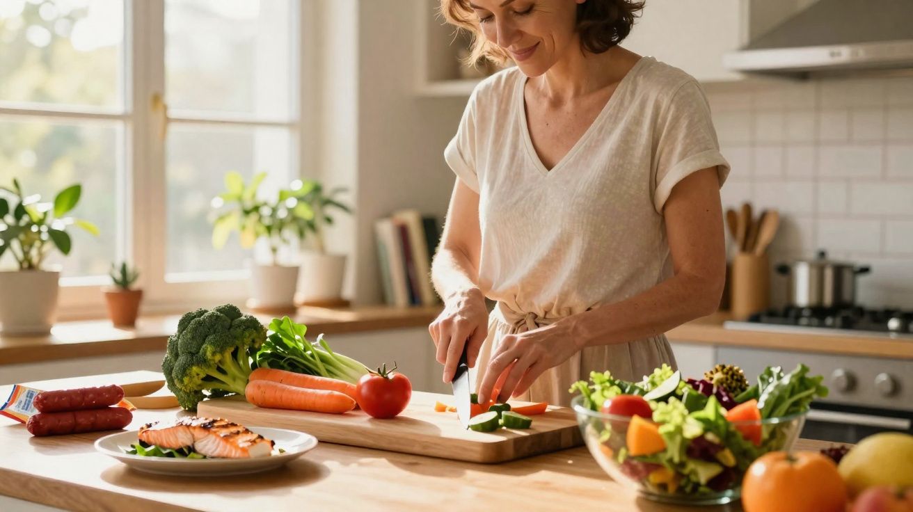 Mulher cortando legumes em uma tábua na cozinha com pratos de salmão, legumes e salada ao redor.
