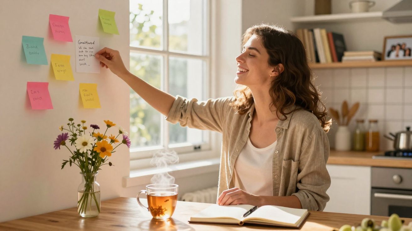 Mulher sorrindo colando post-it em parede, com chá e caderno em mesa iluminada por janela na cozinha.