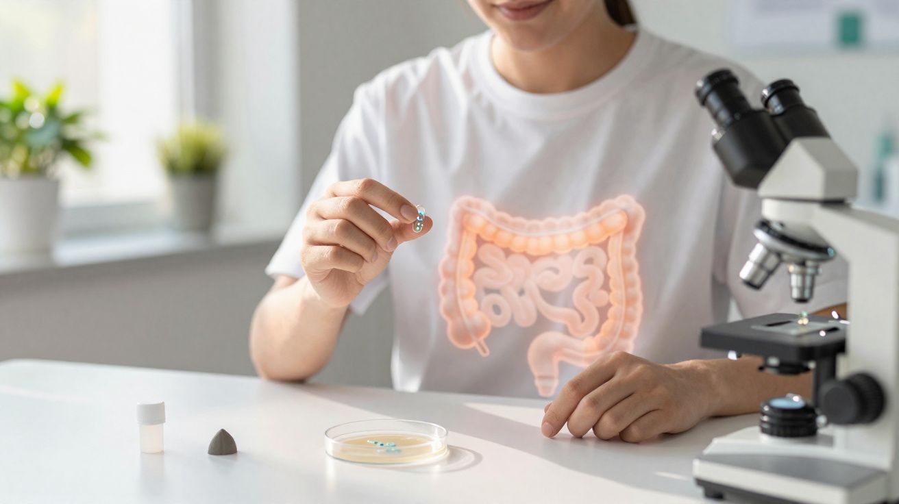 Pessoa segurando cápsulas azuis com holograma do sistema digestivo e microscópio em laboratório.