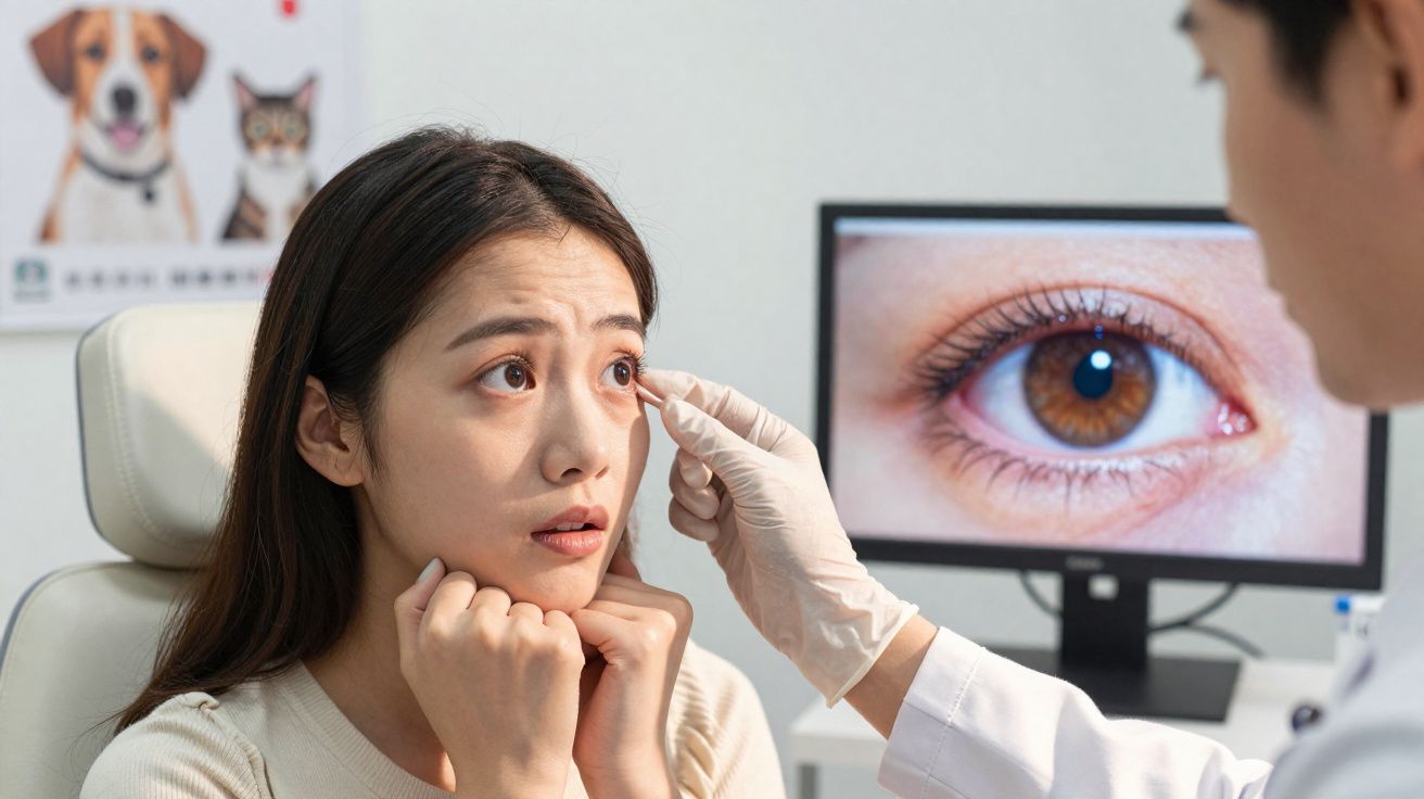 Paciente feminina sendo examinada no olho por oftalmologista em consultório com imagem de olho na tela.