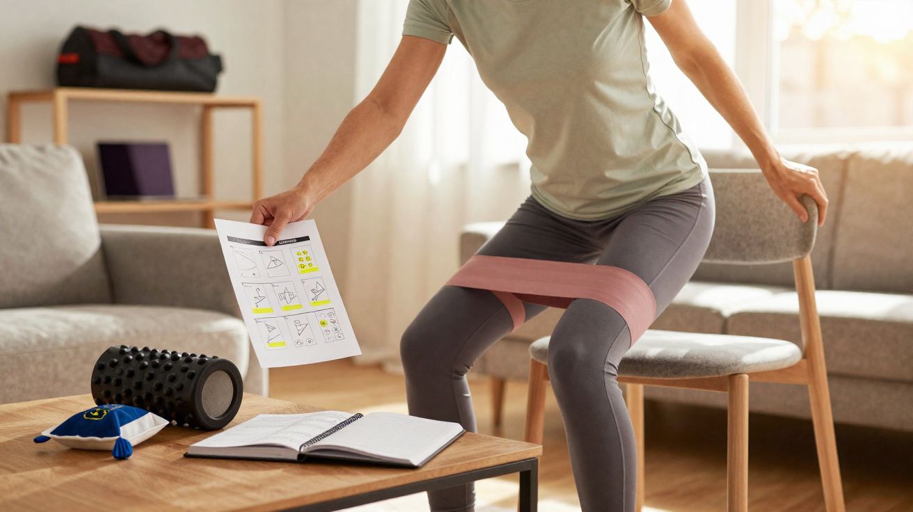 Pessoa usando faixa elástica nos joelhos faz exercício de agachamento segurando papel com instruções em sala.