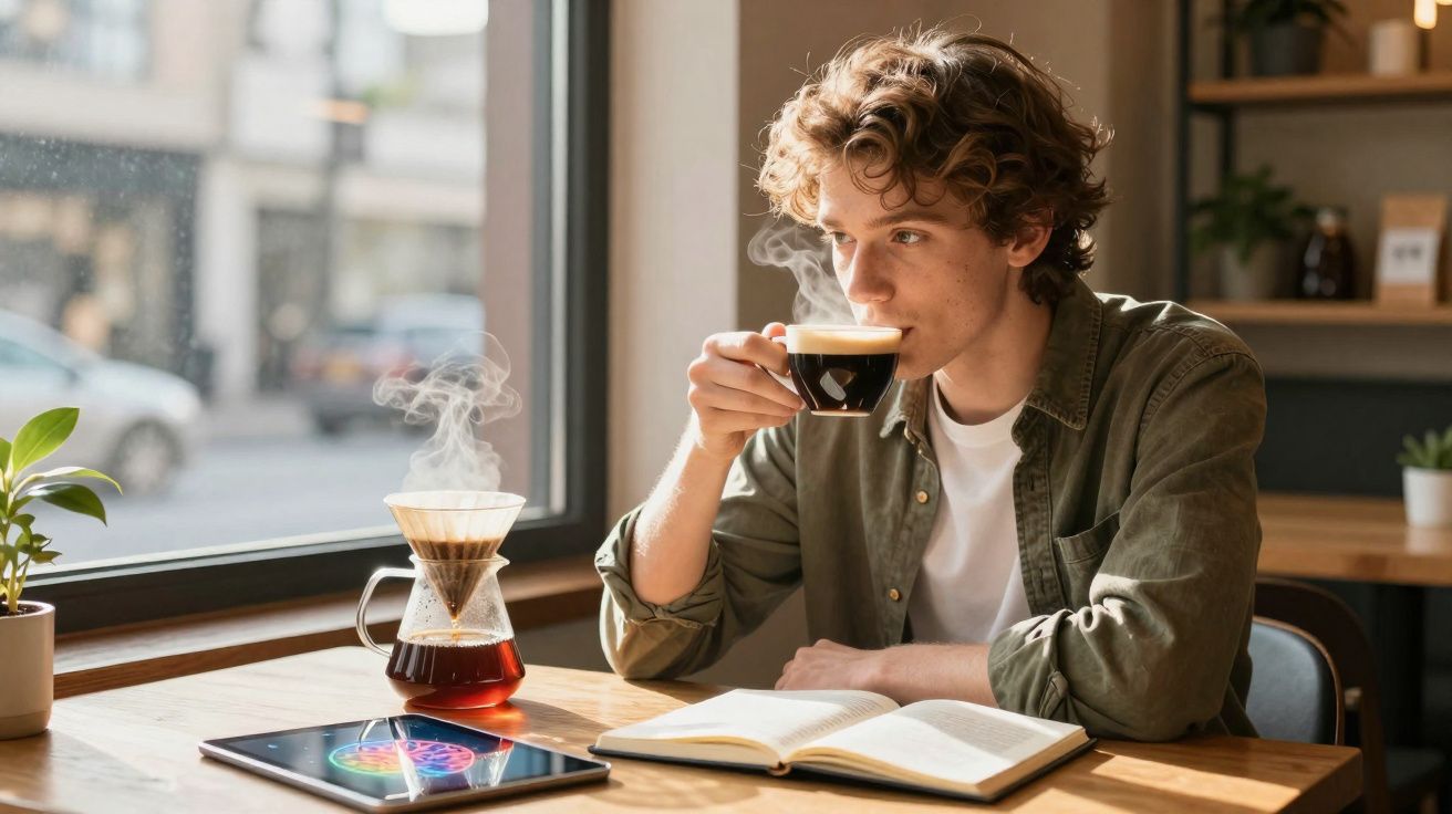 Jovem sentado em cafeteria tomando café quente, com livro aberto e tablet na mesa próximo à janela.
