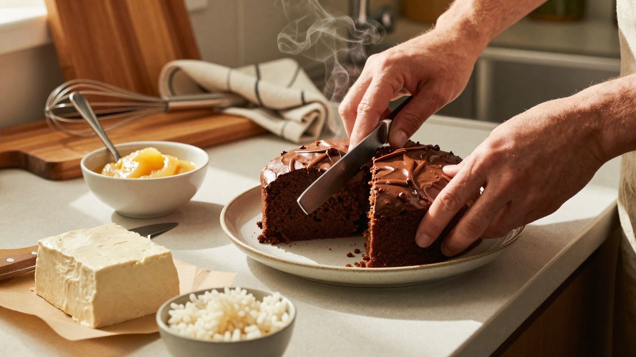 Pessoa cortando bolo de chocolate quente em prato branco sobre bancada de cozinha iluminada.
