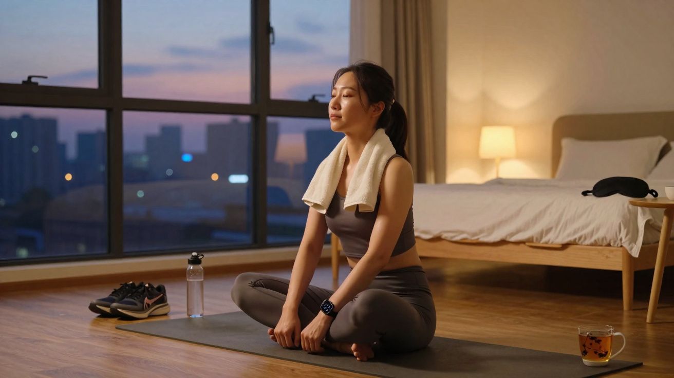 Mulher meditando sentada em posição de borboleta em tapete de yoga, com toalha no pescoço, em quarto ao entardecer.