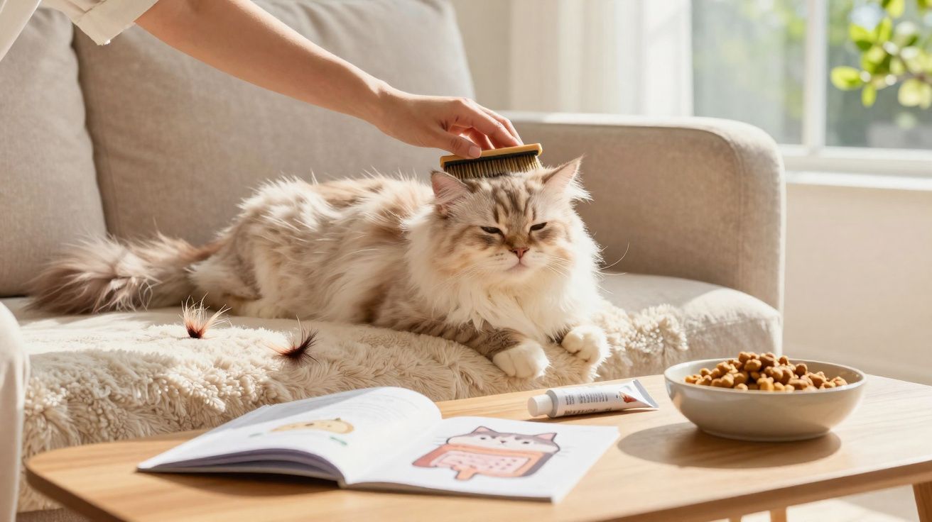 Pessoa escovando gato felpudo em sofá com tigela de ração e livro aberto em mesa em ambiente iluminado.