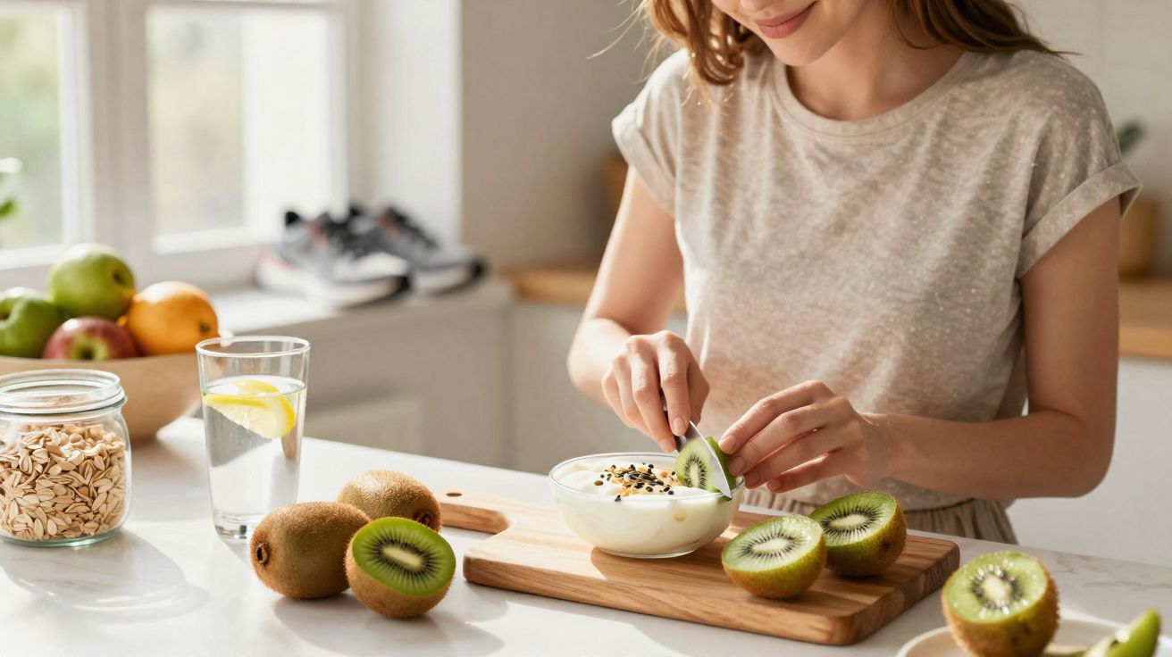 Mulher cortando kiwi para adicionar em tigela de iogurte, sobre mesa com frutas e copo d'água com limão.