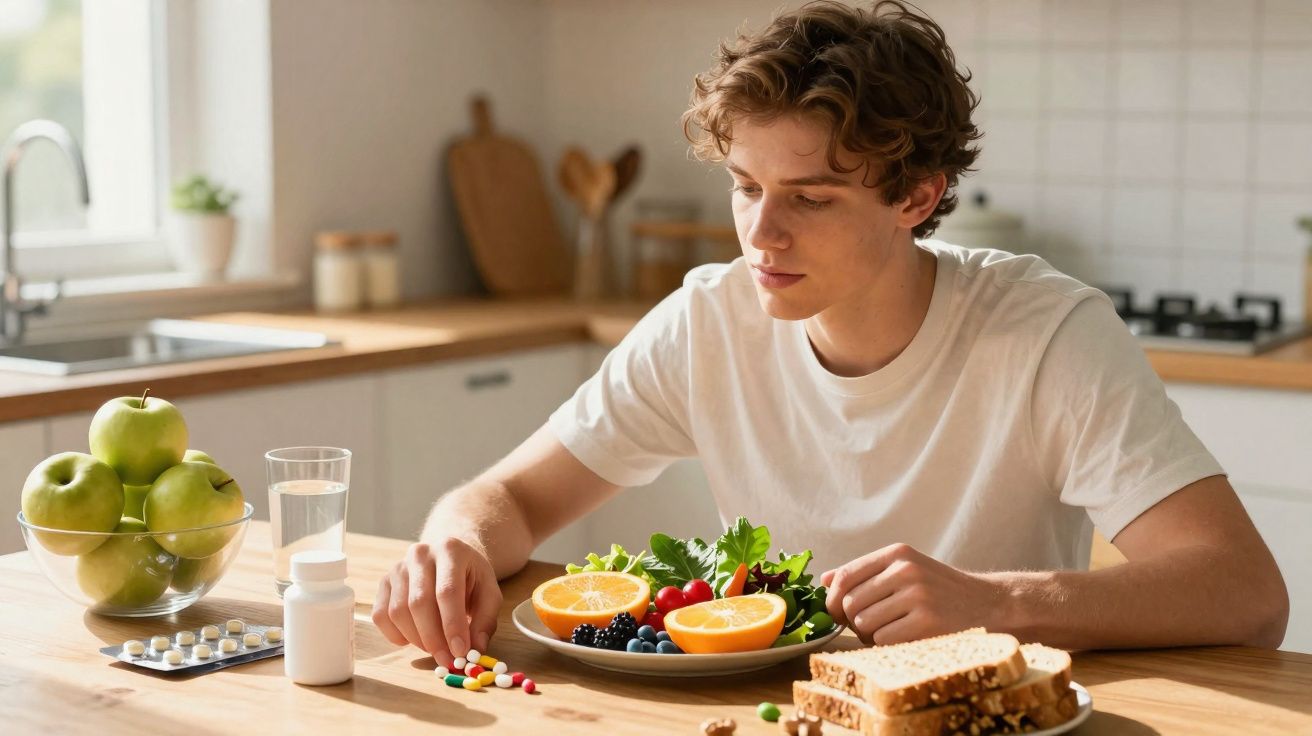 Jovem sentado à mesa com prato de salada, frutas e pães, manipulando comprimidos coloridos na cozinha.