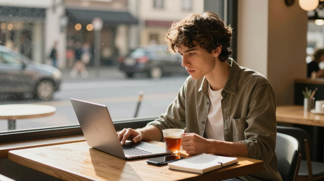Jovem sentado em cafeteria usando laptop, segurando xícara de chá, com caderno e celular sobre a mesa.