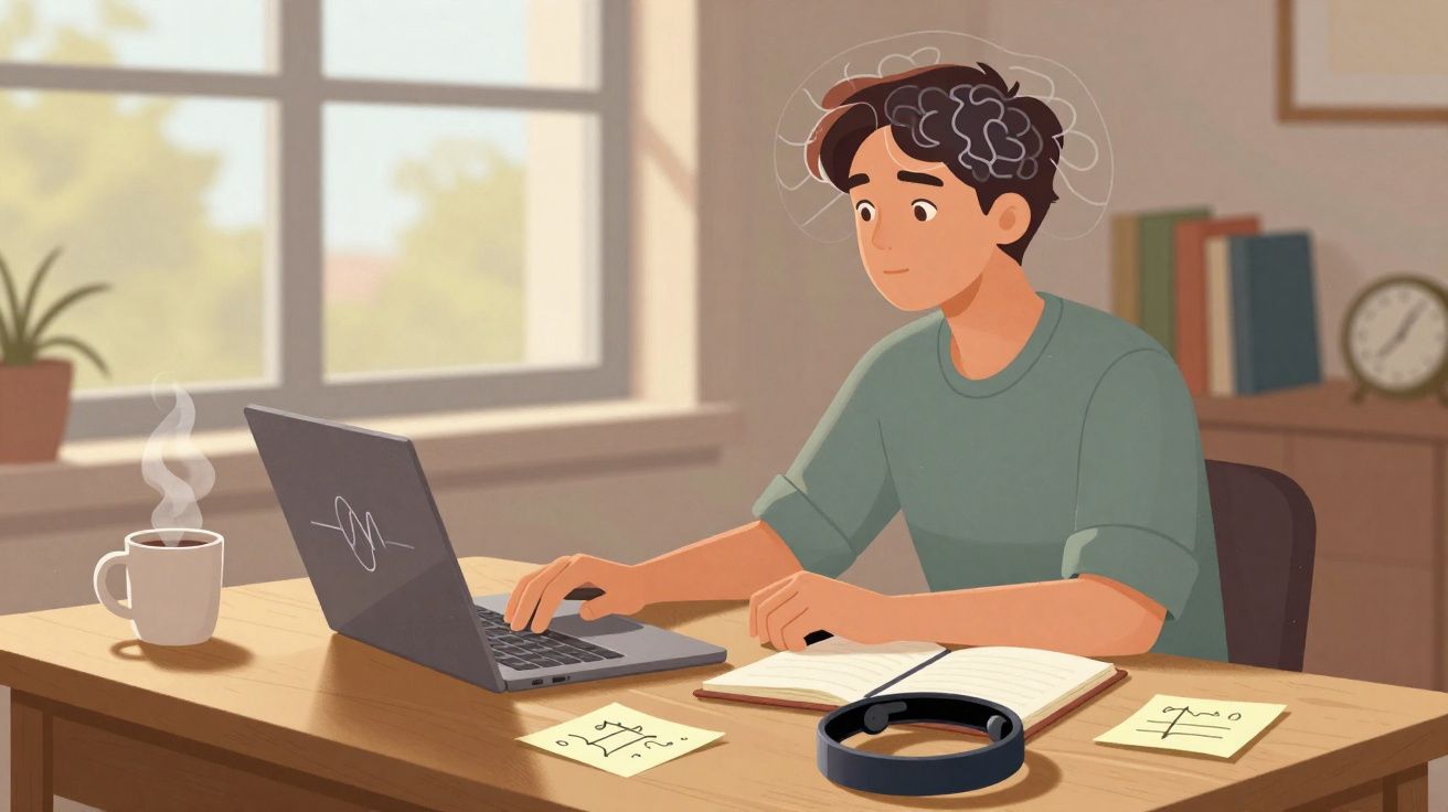 Pessoa concentrada usando laptop em mesa com caderno, fones, anotações e xícara de café emitindo vapor.