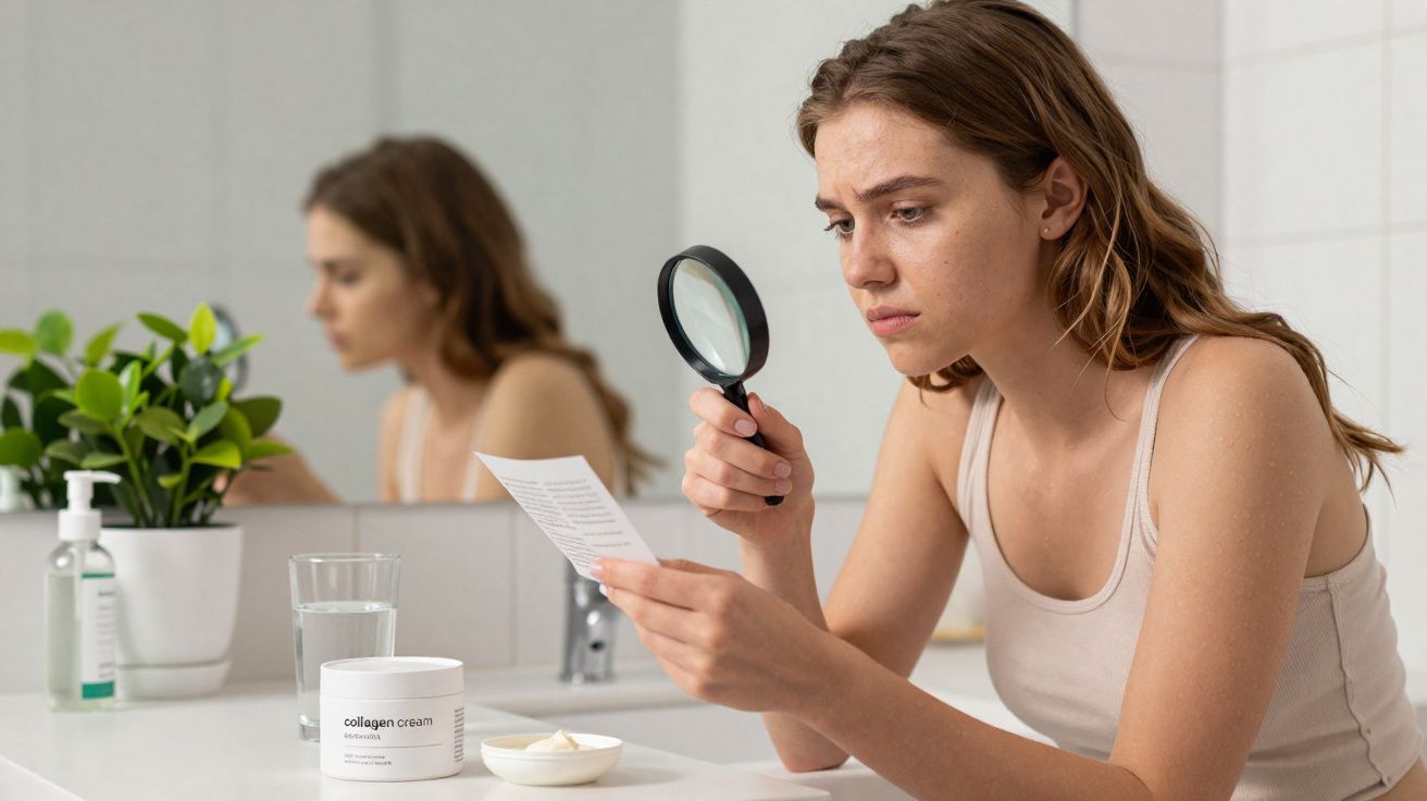 Mulher em banheiro lendo folha com lupa, produtos cosméticos e planta decorativa no balcão branco.