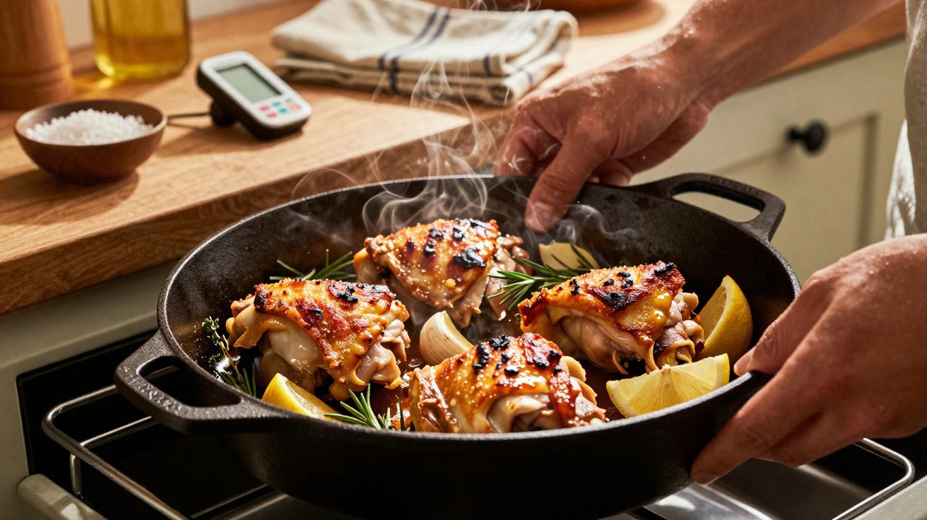 Mãos segurando frigideira com pedaços de frango assado, alecrim e fatias de limão na cozinha.