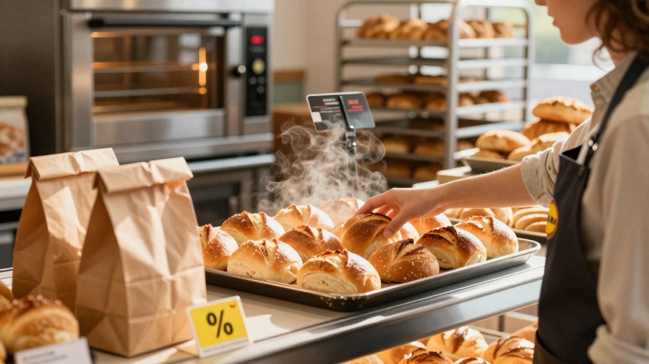 Pessoa pegando pão quente recém-saído do forno em padaria com sacolas de papel e etiquetas de promoção.