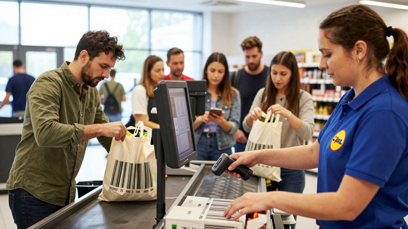 Cliente desempacotando compras em caixa de supermercado enquanto funcionária escaneia produtos.