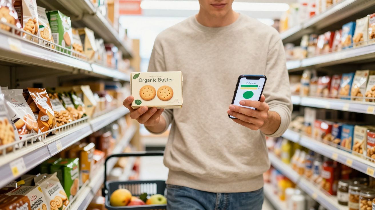 Homem segura pacote de biscoitos orgânicos e consulta aplicativo no celular em supermercado.