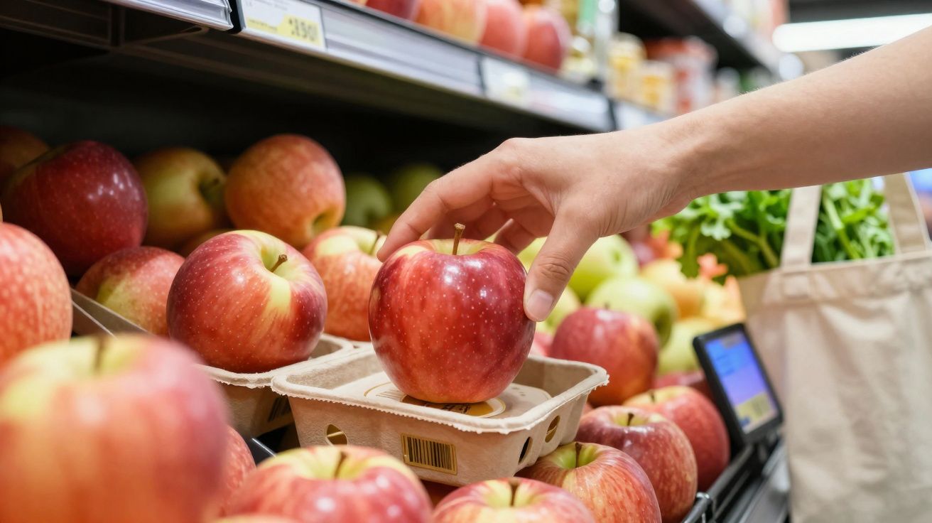 Pessoa pegando maçã vermelha na embalagem em supermercado com várias maçãs expostas.