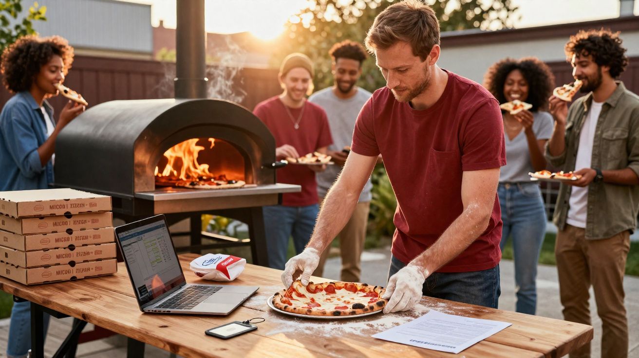 Homem preparando pizza em forno a lenha enquanto amigos comem em festa ao ar livre ao pôr do sol.